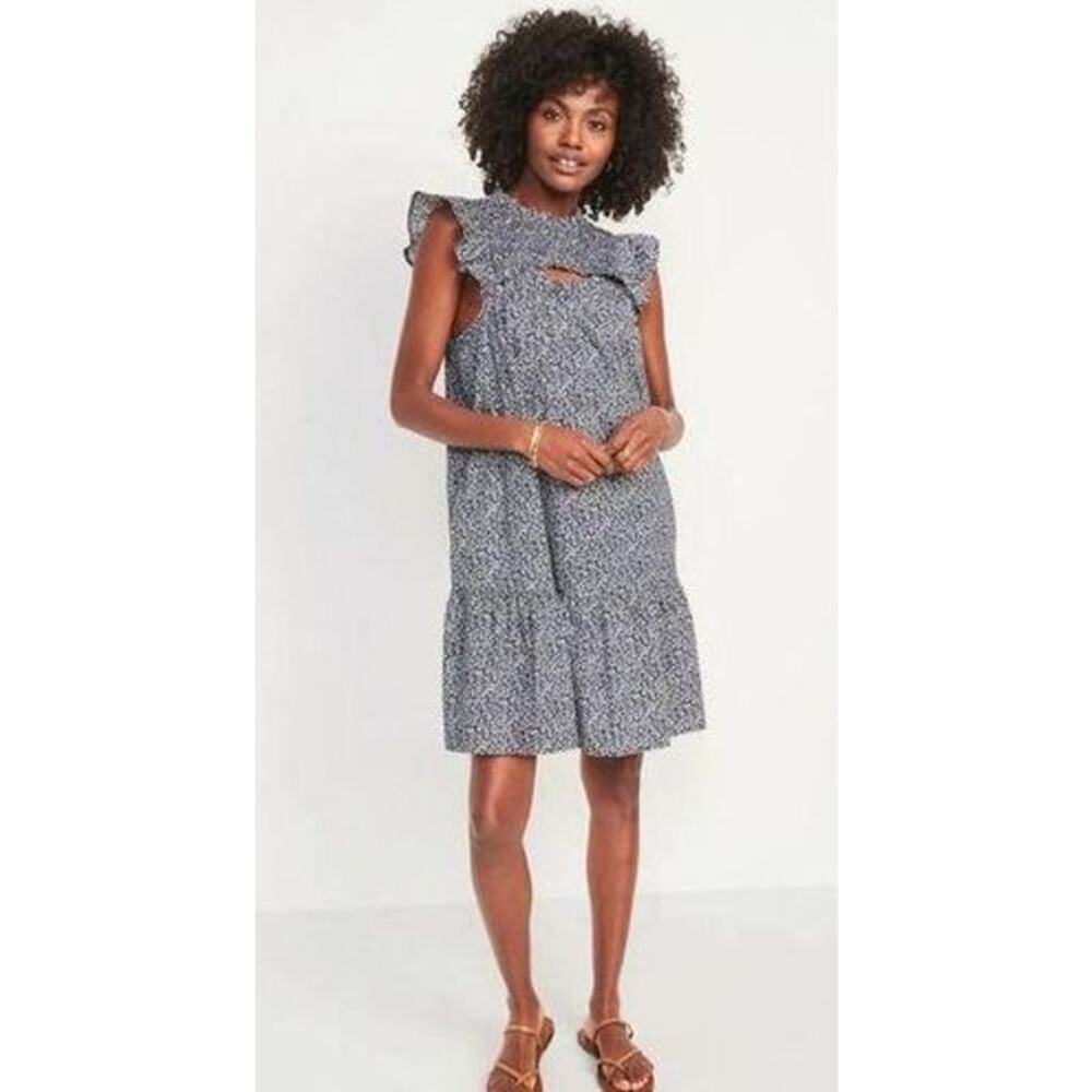 Old Navy Dress Womens 2X Navy Floral Flutter Sleeve Smocked Ruffle Cottage Loose